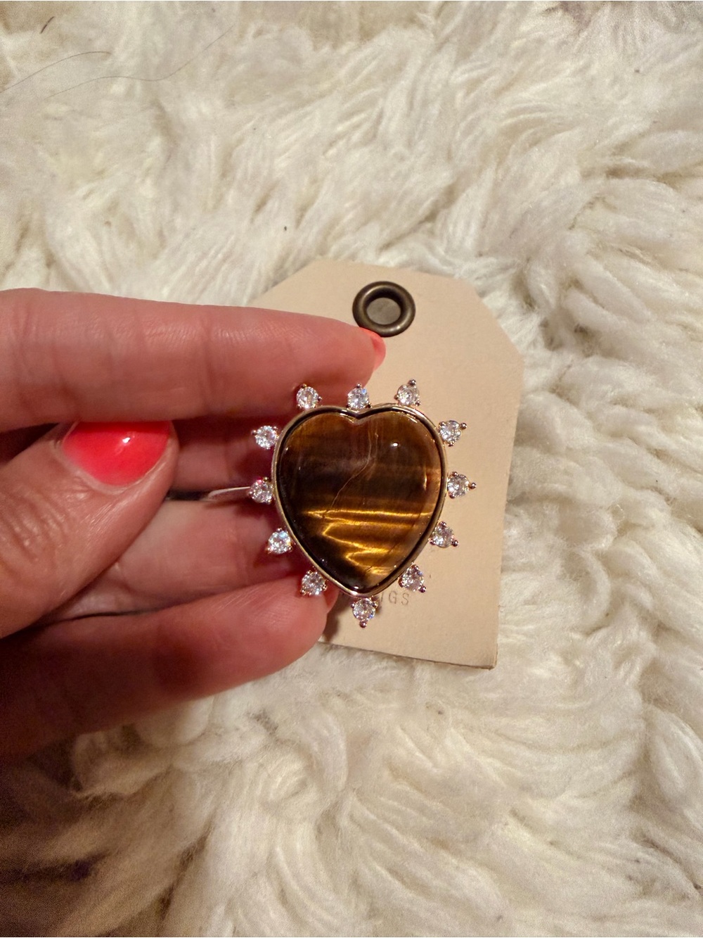 NWT Anthropologie Gold-Tone Heart Ring with Brown Tiger Eye and Clear Crystals - Picture 3 of 6